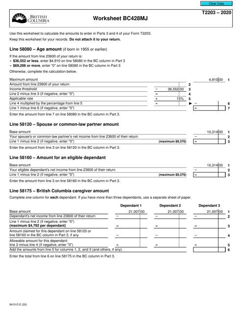 Form T2203 (9410-D) Worksheet BC428MJ 2020 Printable Pdf