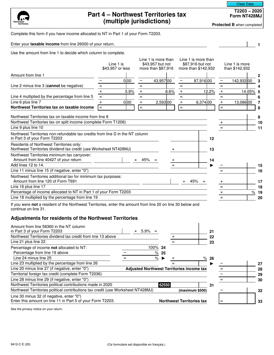 Form T2203 (9412-C; NT428MJ) Part 4 Northwest Territories Tax (Multiple Jurisdictions) - Canada, Page 1