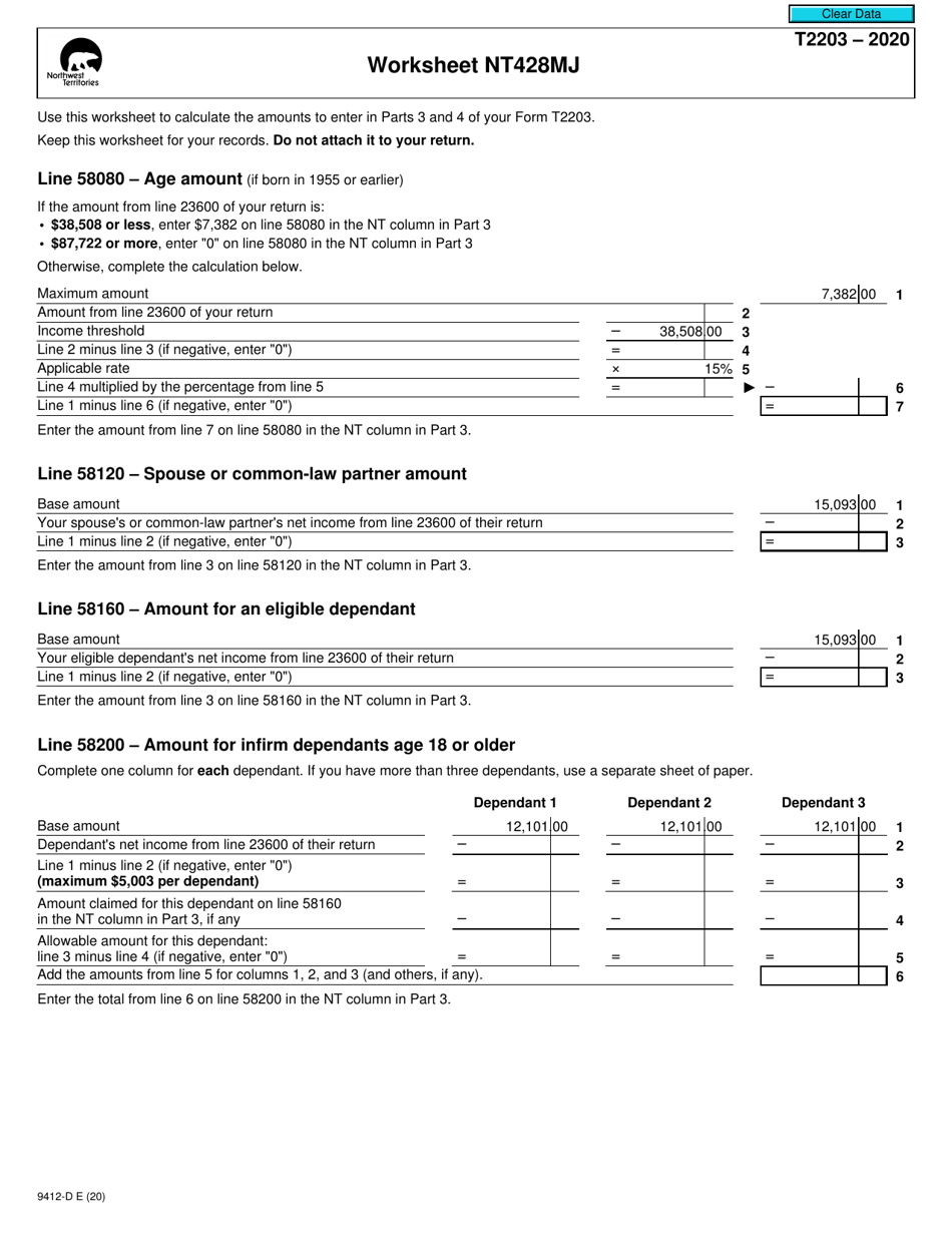 Form T2203 (9412-D) Worksheet NT428MJ Northwest Territories - Canada, Page 1