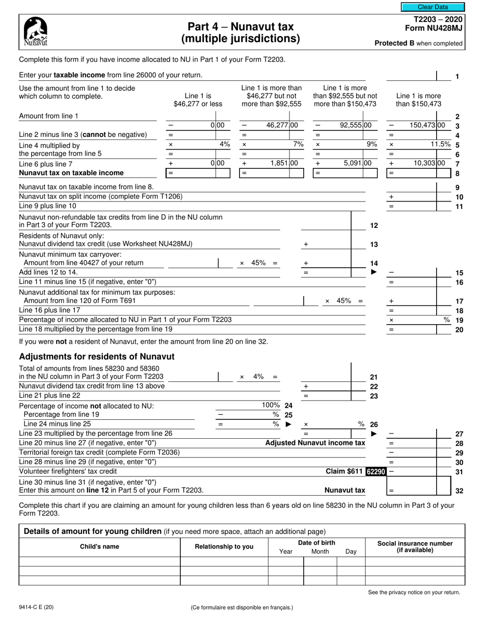 Form T2203 (9414-C; NU428MJ) Part 4 Nunavut Tax (Multiple Jurisdictions) - Canada, Page 1