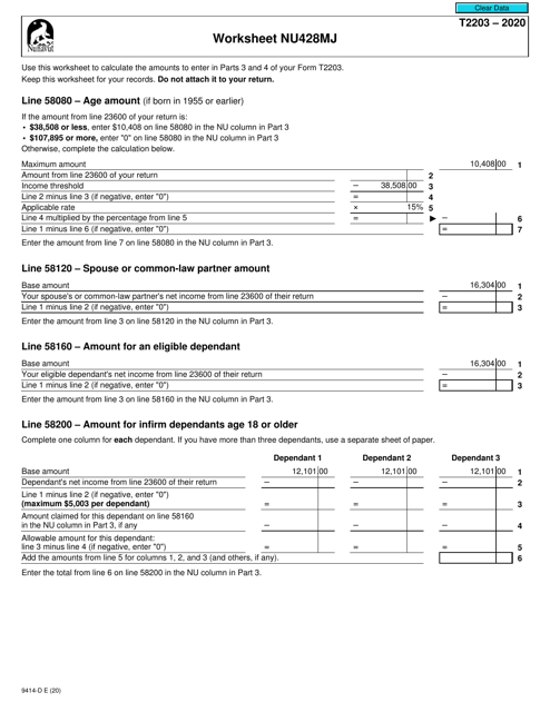 Form T2203 (9414-D) Worksheet NU428MJ 2020 Printable Pdf