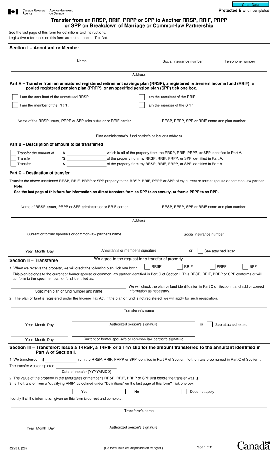 Form T2220 Download Fillable PDF or Fill Online Transfer From an Rrsp ...