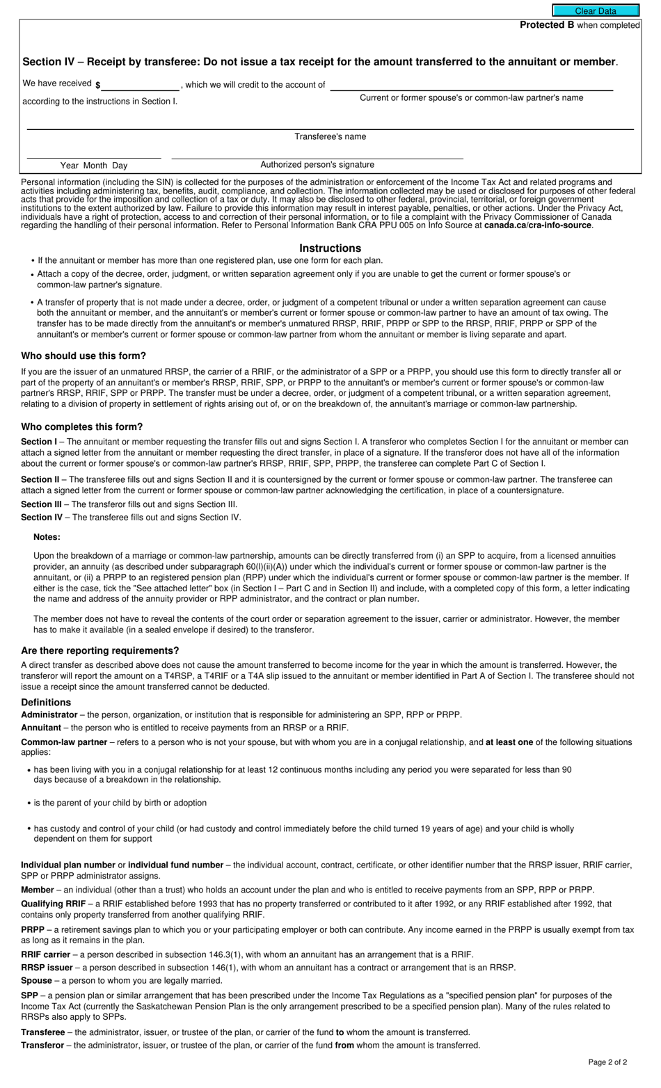 Form T2220 Transfer From an Rrsp, Rrif, Prpp or Spp to Another Rrsp, Rrif, Prpp or Spp on Breakdown of Marriage or Common-Law Partnership - Canada, Page 2