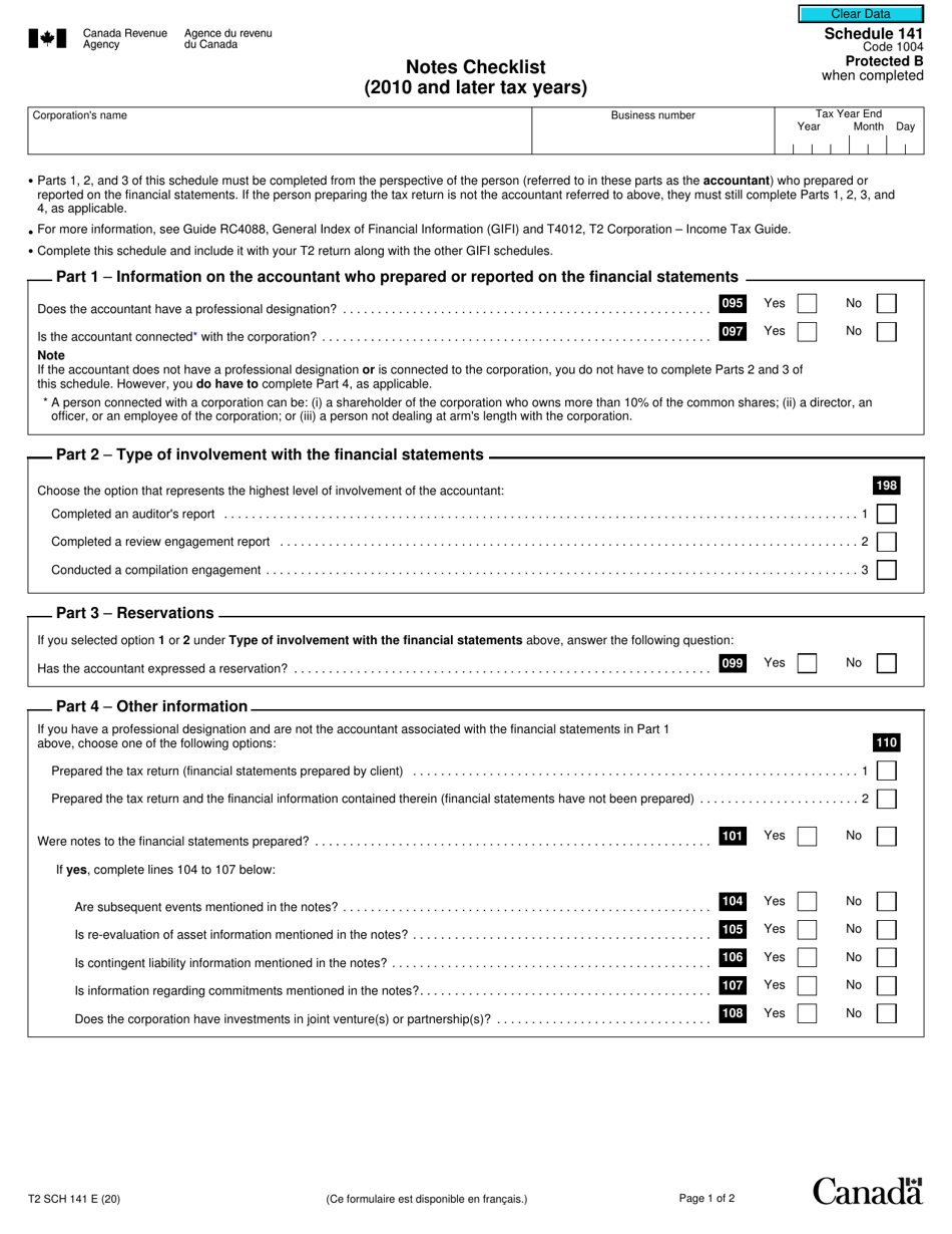 Form T2 Schedule 141 Notes Checklist - Canada, Page 1