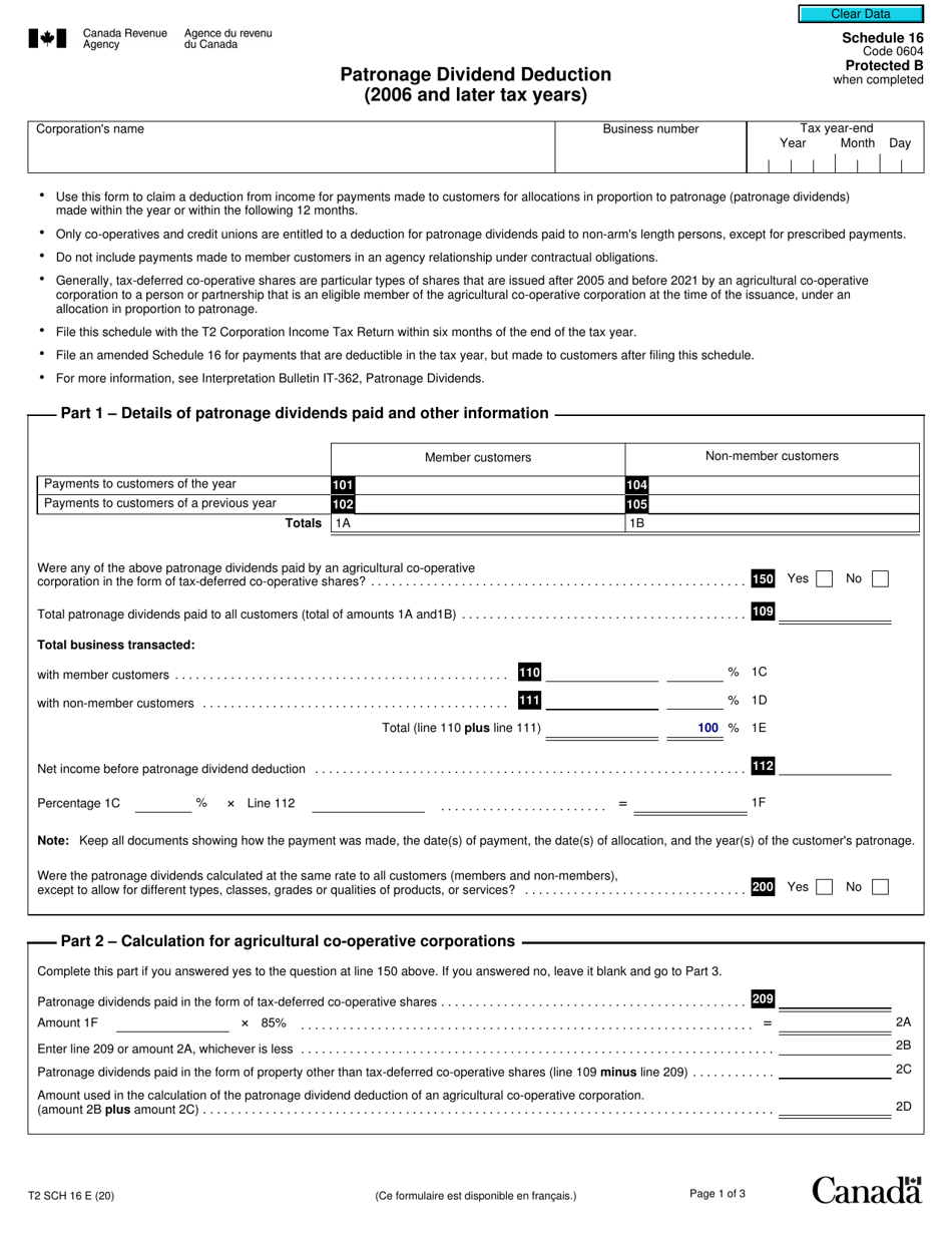 Form T2 Schedule 16 Patronage Dividend Deduction - Canada, Page 1