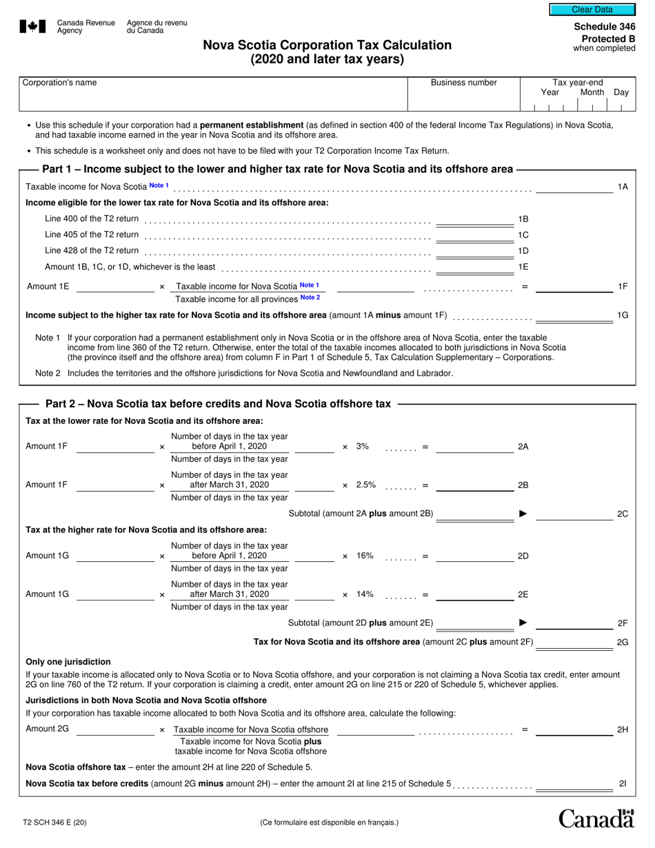 Form T2 Schedule 346 Nova Scotia Corporation Tax Calculation (2020 and Later Tax Years) - Canada, Page 1