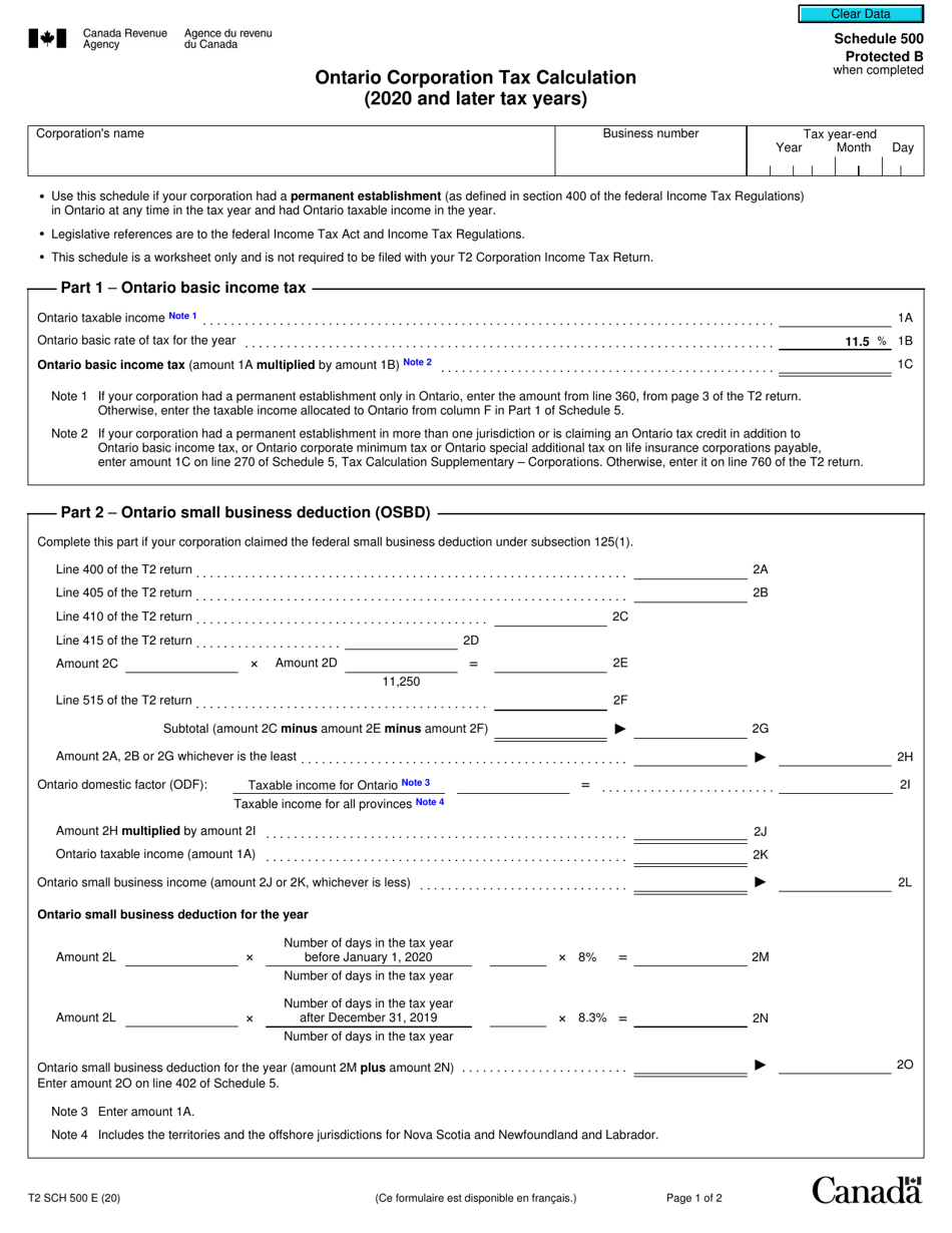 Form T2 Schedule 500 Ontario Corporation Tax Calculation (2020 and Later Tax Years) - Canada, Page 1