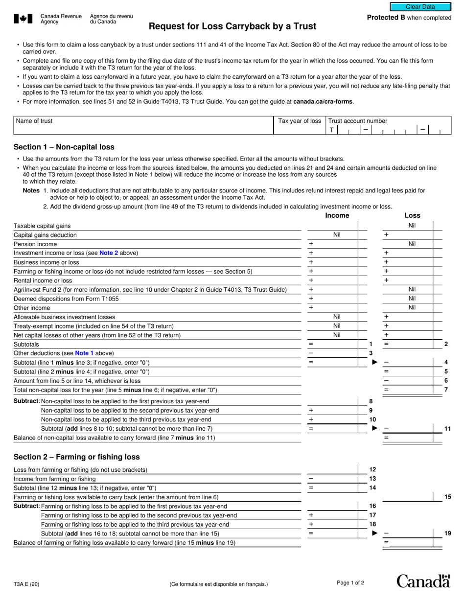 Form T3A Request for Loss Carryback by a Trust - Canada, Page 1