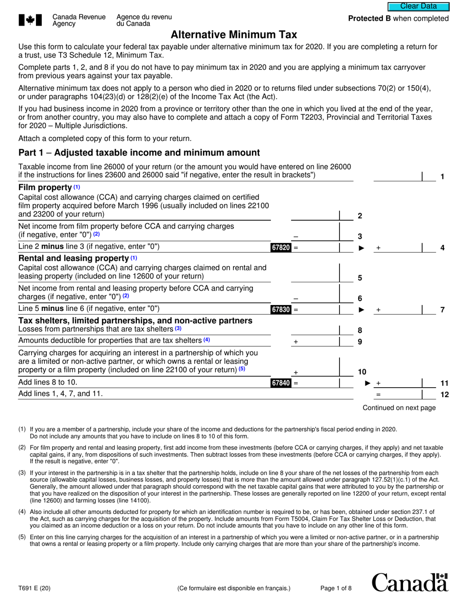 Form T691 Alternative Minimum Tax - Canada, Page 1