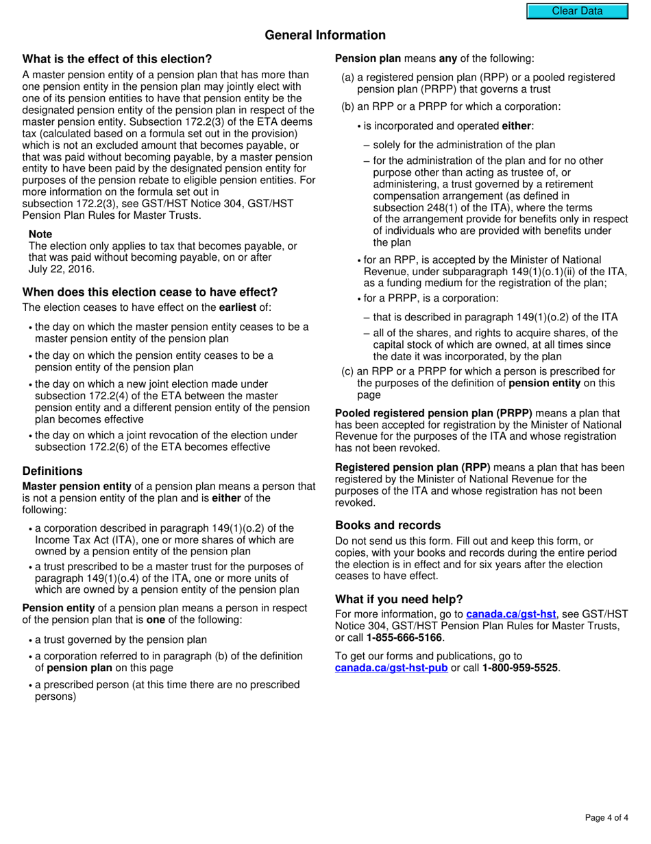 Form RC4618 Election or Revocation of an Election for Gst / Hst Purposes to Designate a Pension Entity in Respect of a Master Pension Entity - Canada, Page 4