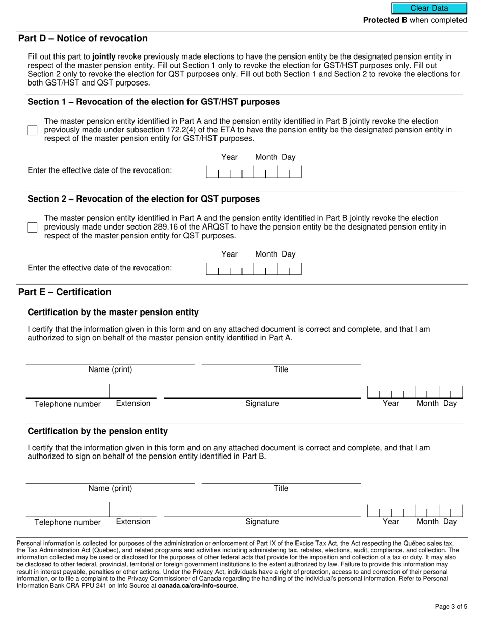 Form RC7218 Elections or Revocation of Elections for Gst / Hst and / or Qst Purposes to Designate a Pension Entity That Is a Selected Listed Financial Institution in Respect of a Master Pension Entity - Canada, Page 3