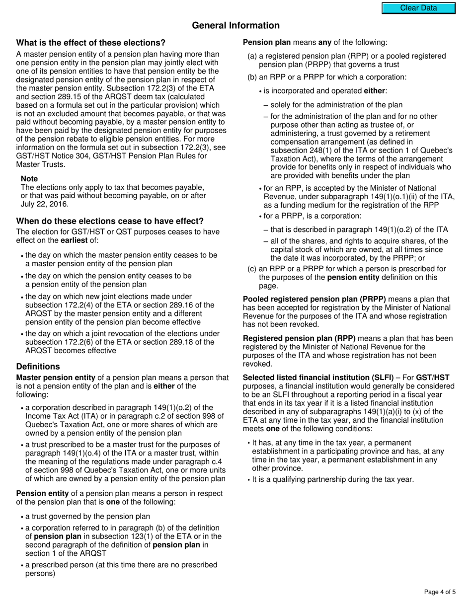 Form RC7218 Elections or Revocation of Elections for Gst / Hst and / or Qst Purposes to Designate a Pension Entity That Is a Selected Listed Financial Institution in Respect of a Master Pension Entity - Canada, Page 4