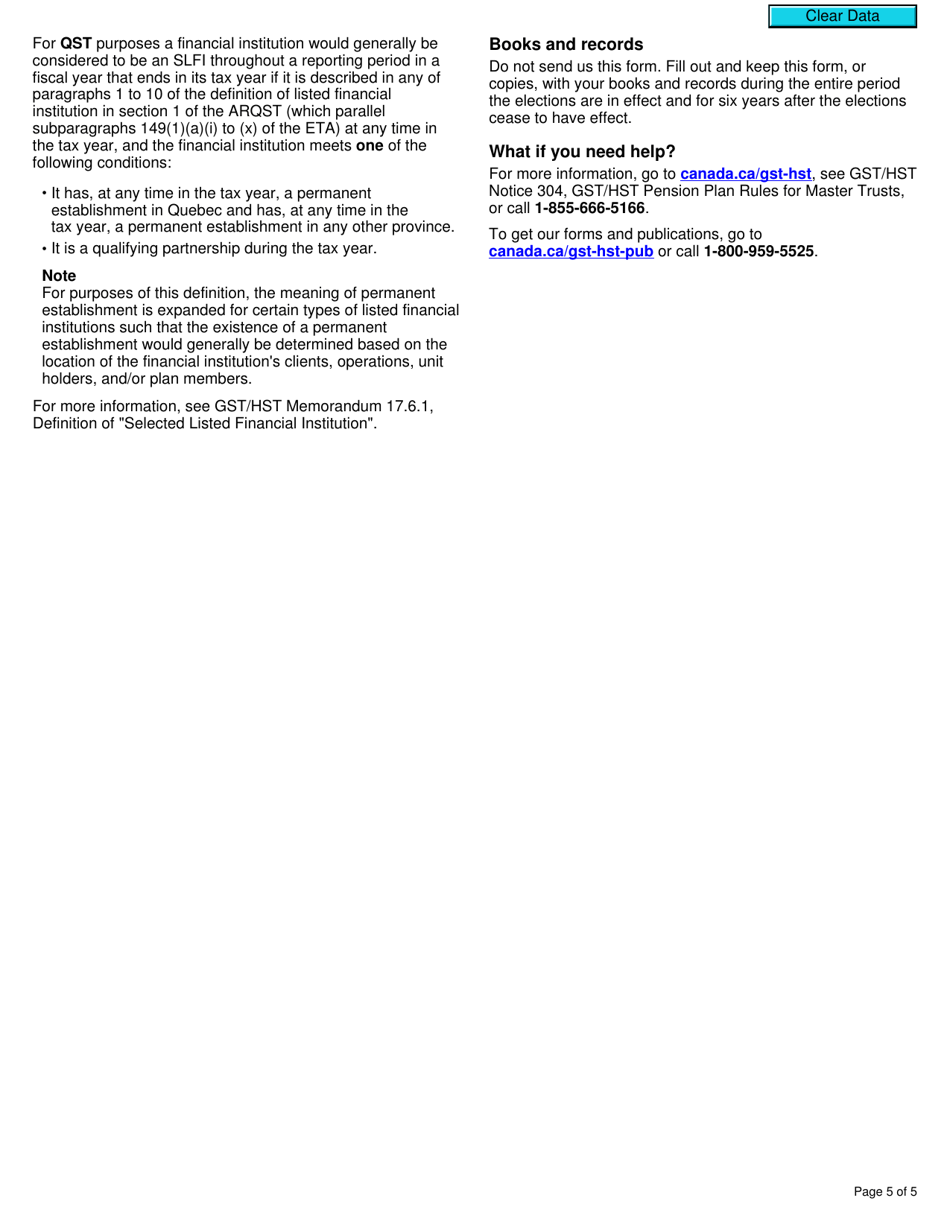 Form RC7218 Elections or Revocation of Elections for Gst / Hst and / or Qst Purposes to Designate a Pension Entity That Is a Selected Listed Financial Institution in Respect of a Master Pension Entity - Canada, Page 5