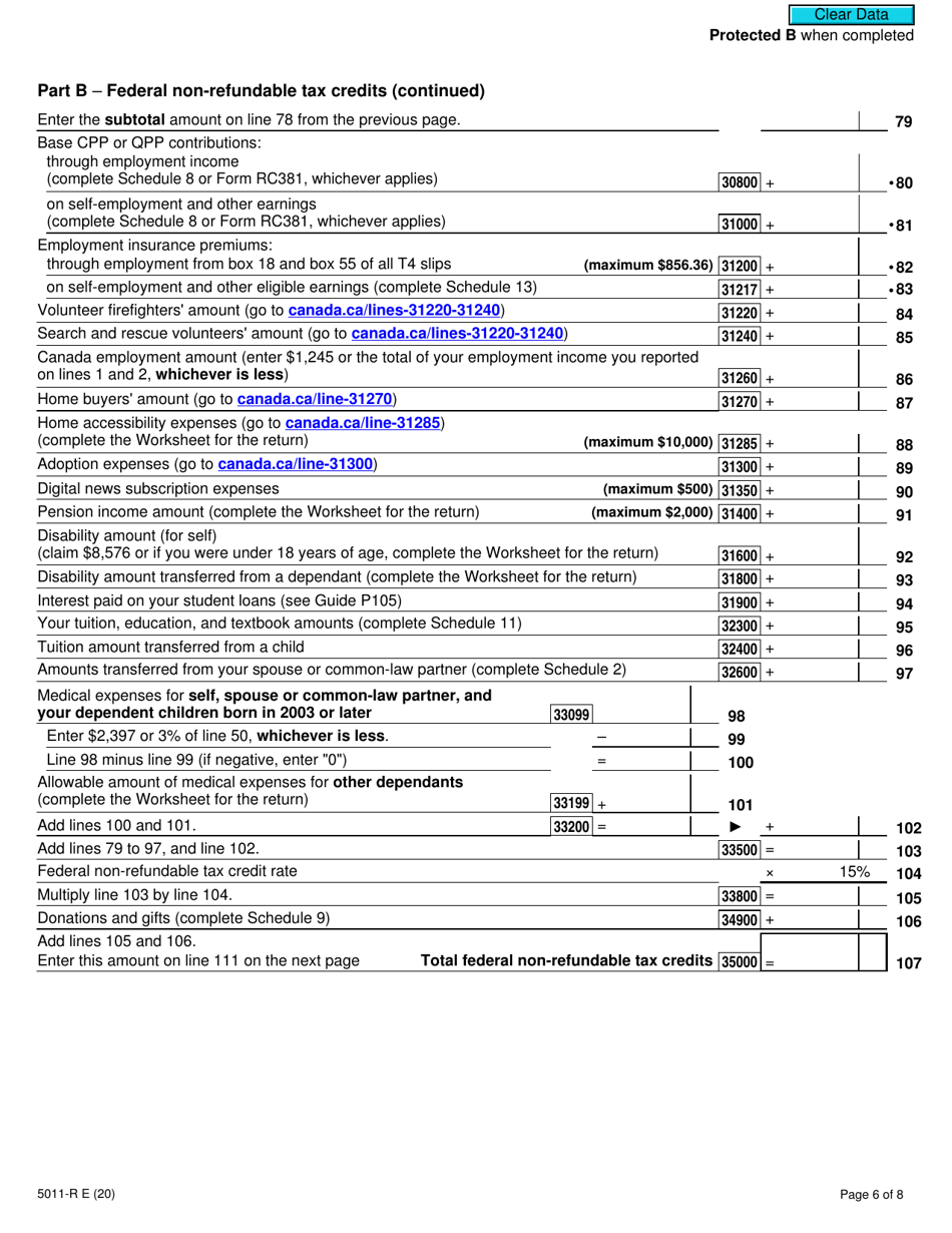 Form 5011 R Download Fillable Pdf Or Fill Online Income Tax And Benefit Return 2020 Canada 