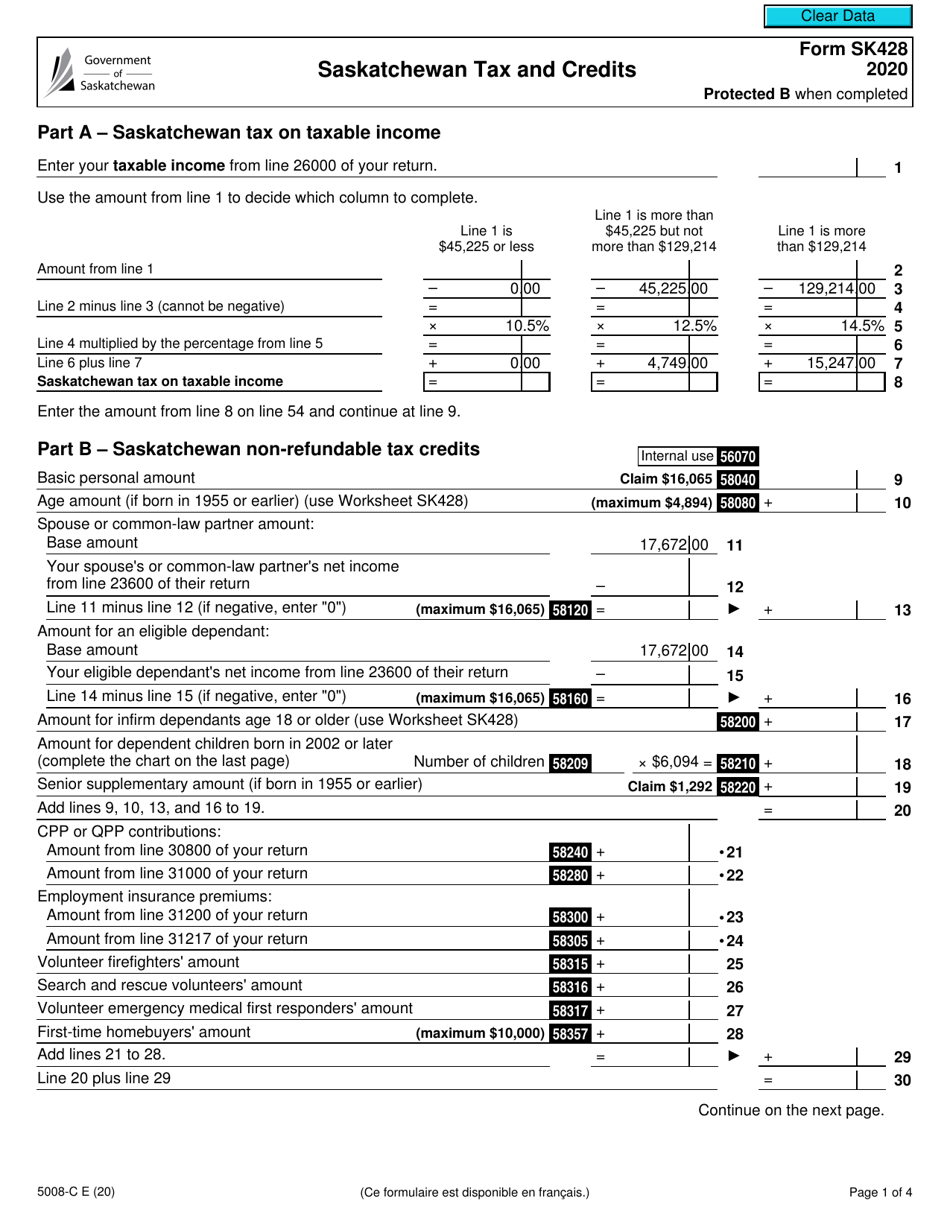 Form 5008-C (SK428) Saskatchewan Tax and Credits - Canada, Page 1
