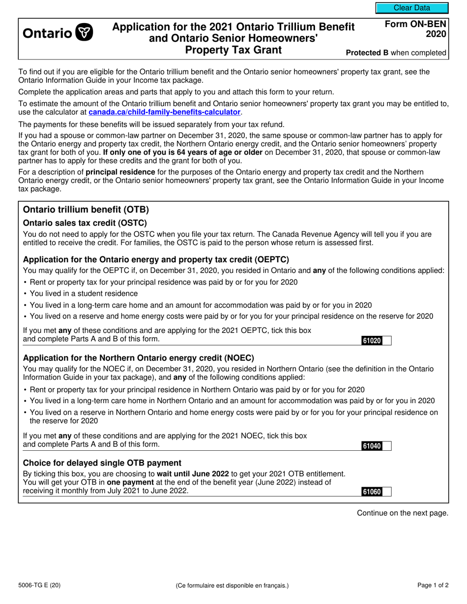 Form 5006-TG (ON-BEN) Application for the Ontario Trillium Benefit and Ontario Senior Homeowners Property Tax Grant - Canada, Page 1