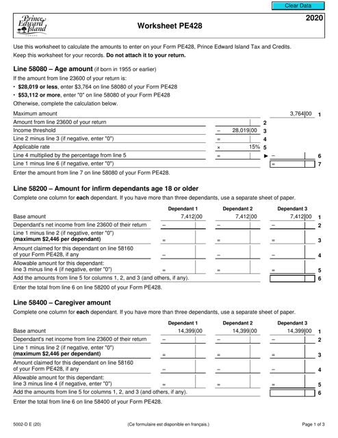 Form 5002-D Worksheet PE428 2020 Printable Pdf