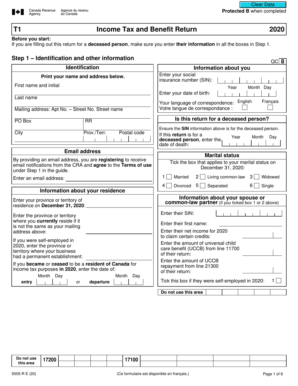 Form 5005-R Income Tax and Benefit Return (For Qc Only) - Canada, Page 1