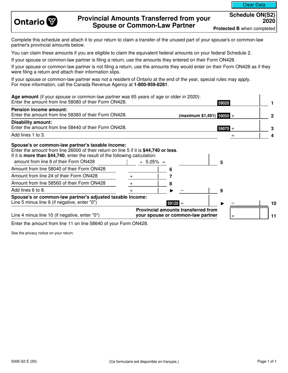 Form 5006-S2 Schedule ON(S2) Provincial Amounts Transferred From Your Spouse or Common-Law Partner - Canada, Page 1