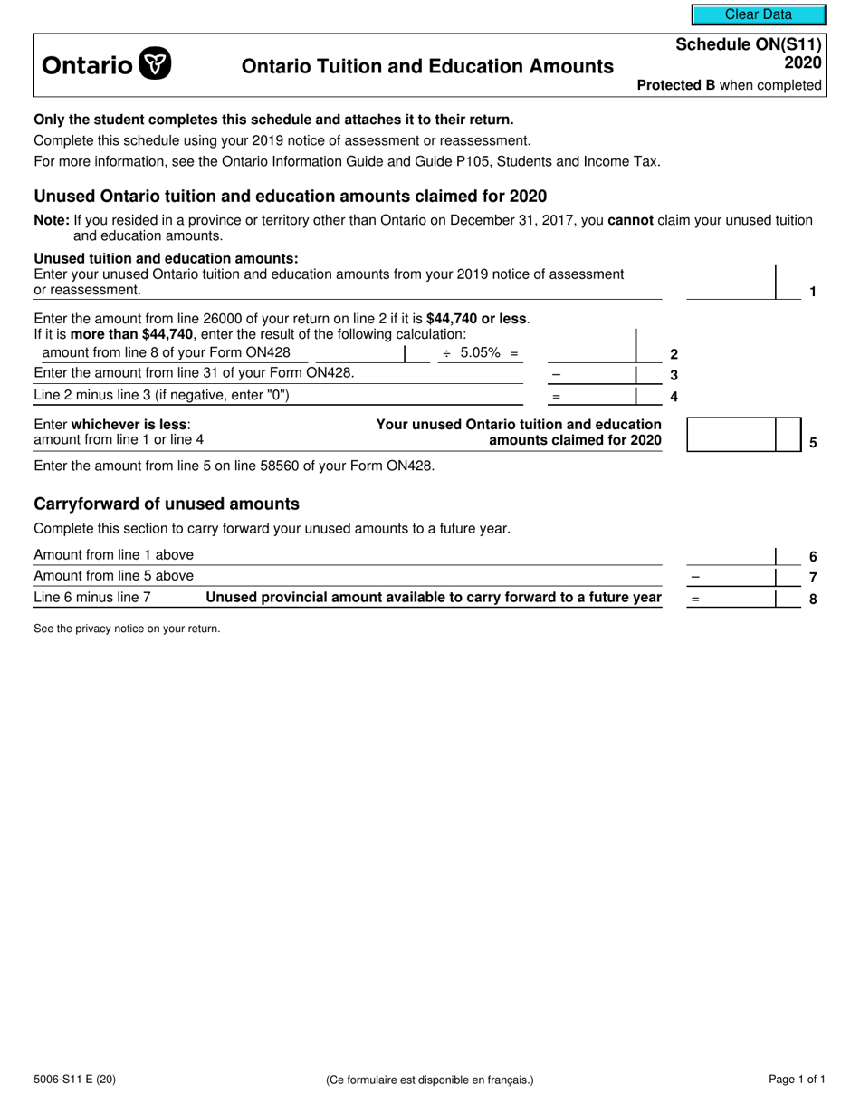 Form 5006-S11 Schedule ON(S11) Ontario Tuition and Education Amounts - Canada, Page 1