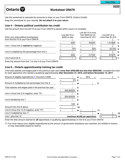 Form 5006-D1 Worksheet ON479 2020 Printable Pdf