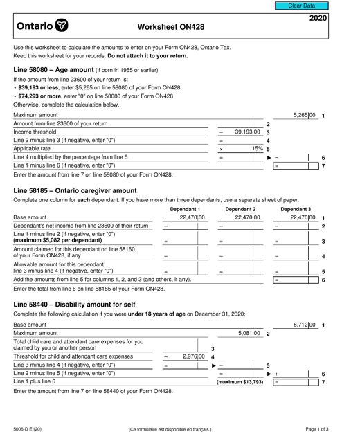 Form 5006-D Worksheet ON428 2020 Printable Pdf