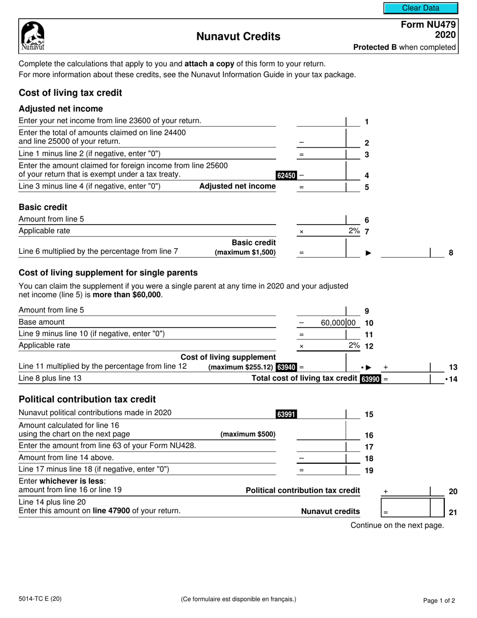 Form 5014-TC (NU479) Nunavut Credits - Canada, Page 1