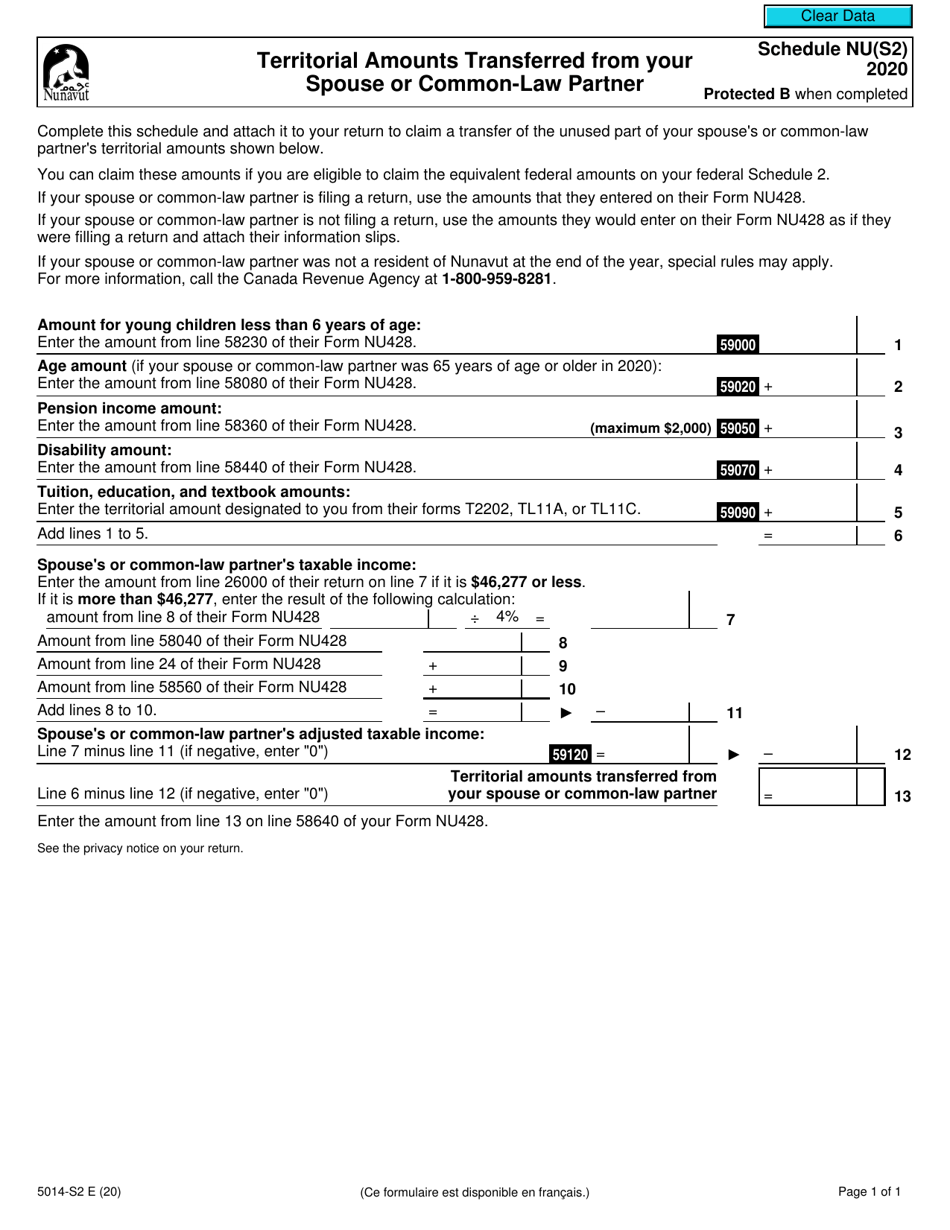Form 5014-S2 Schedule NU(S2) Territorial Amounts Transferred From Your Spouse or Common-Law Partner - Nunavut - Canada, Page 1