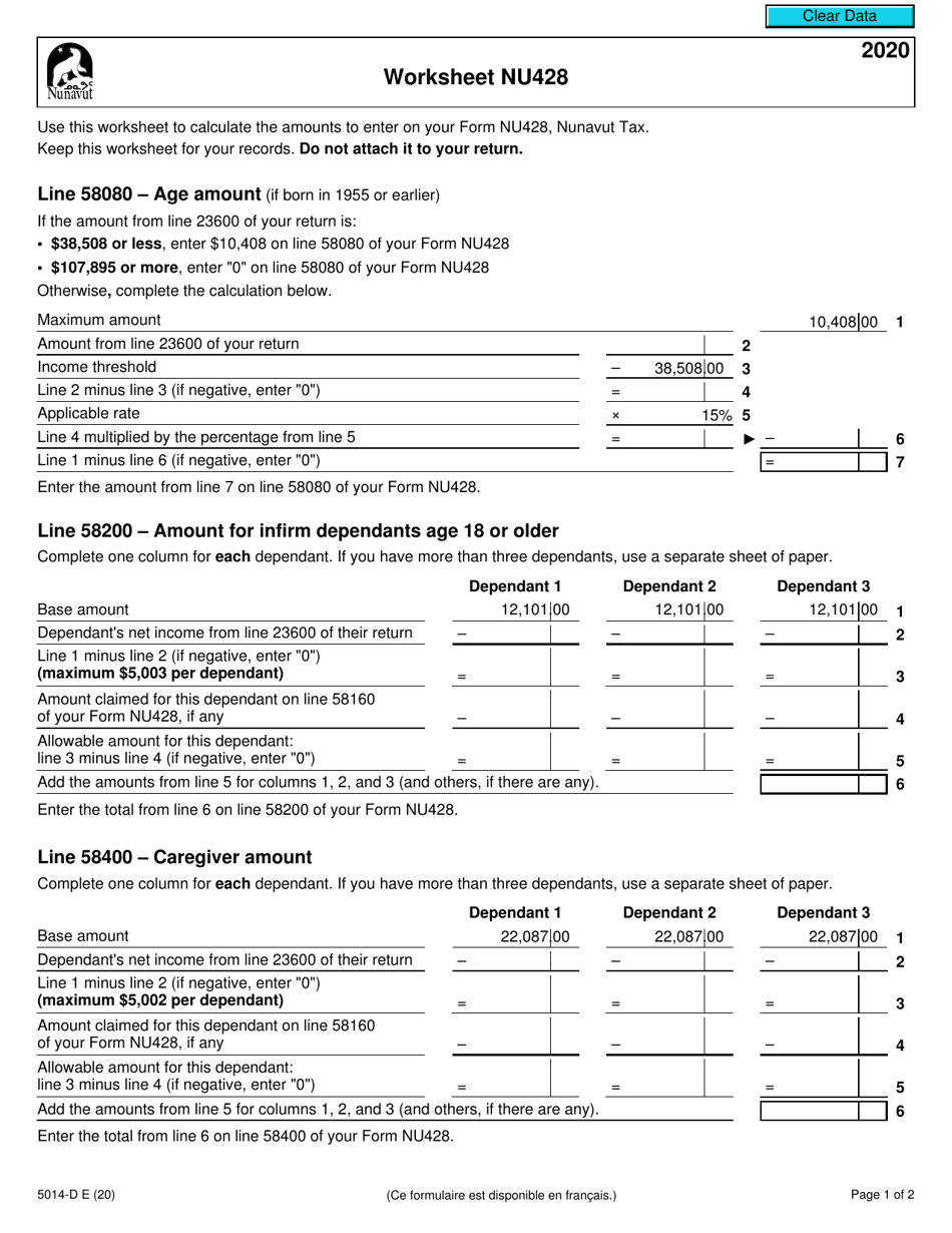 Form 5014-D Worksheet NU428 Nunavut - Canada, Page 1