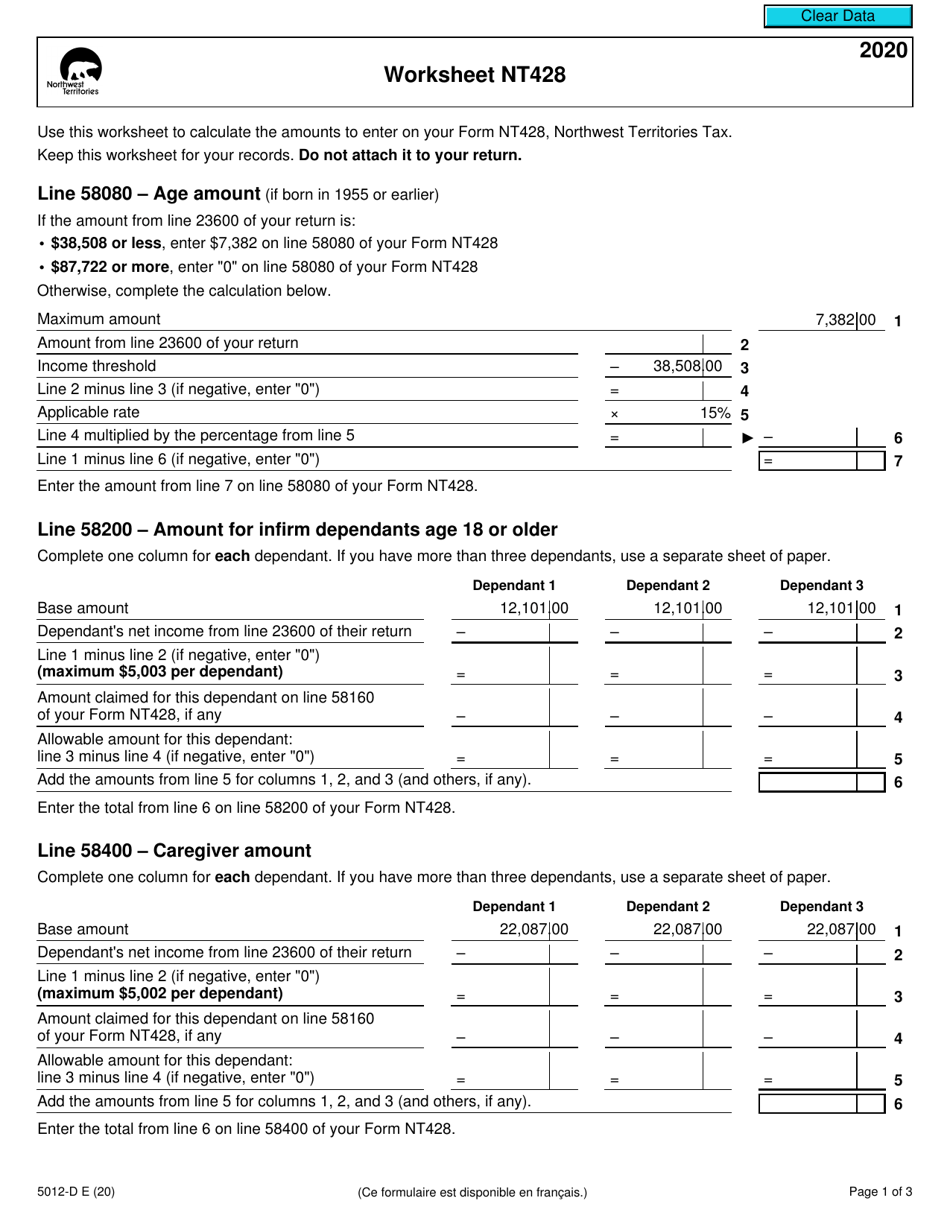 Form 5012-D Worksheet NT428 Northwest Territories - Canada, Page 1