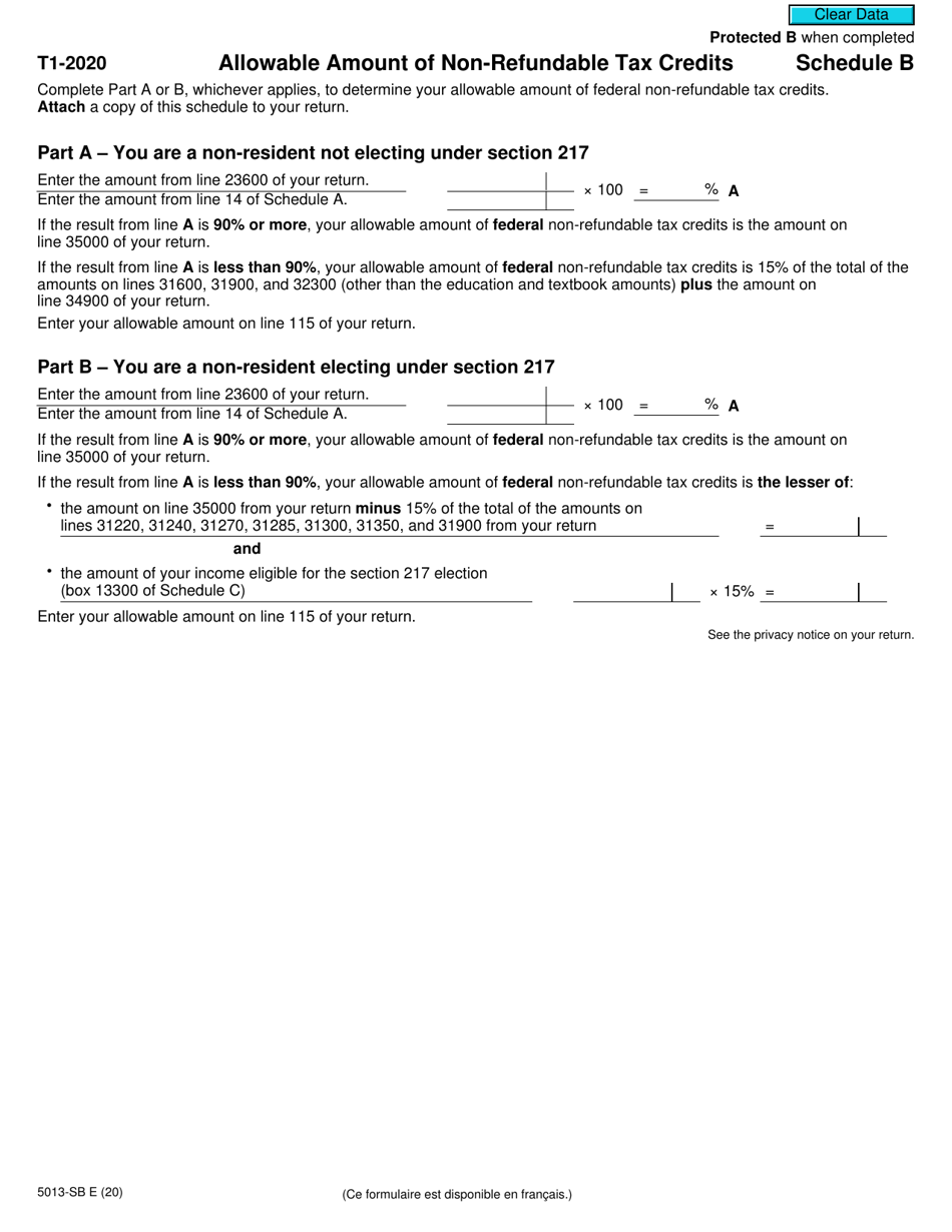 Form 5013-SB Schedule B Allowable Amount of Non-refundable Tax Credits - Canada, Page 1