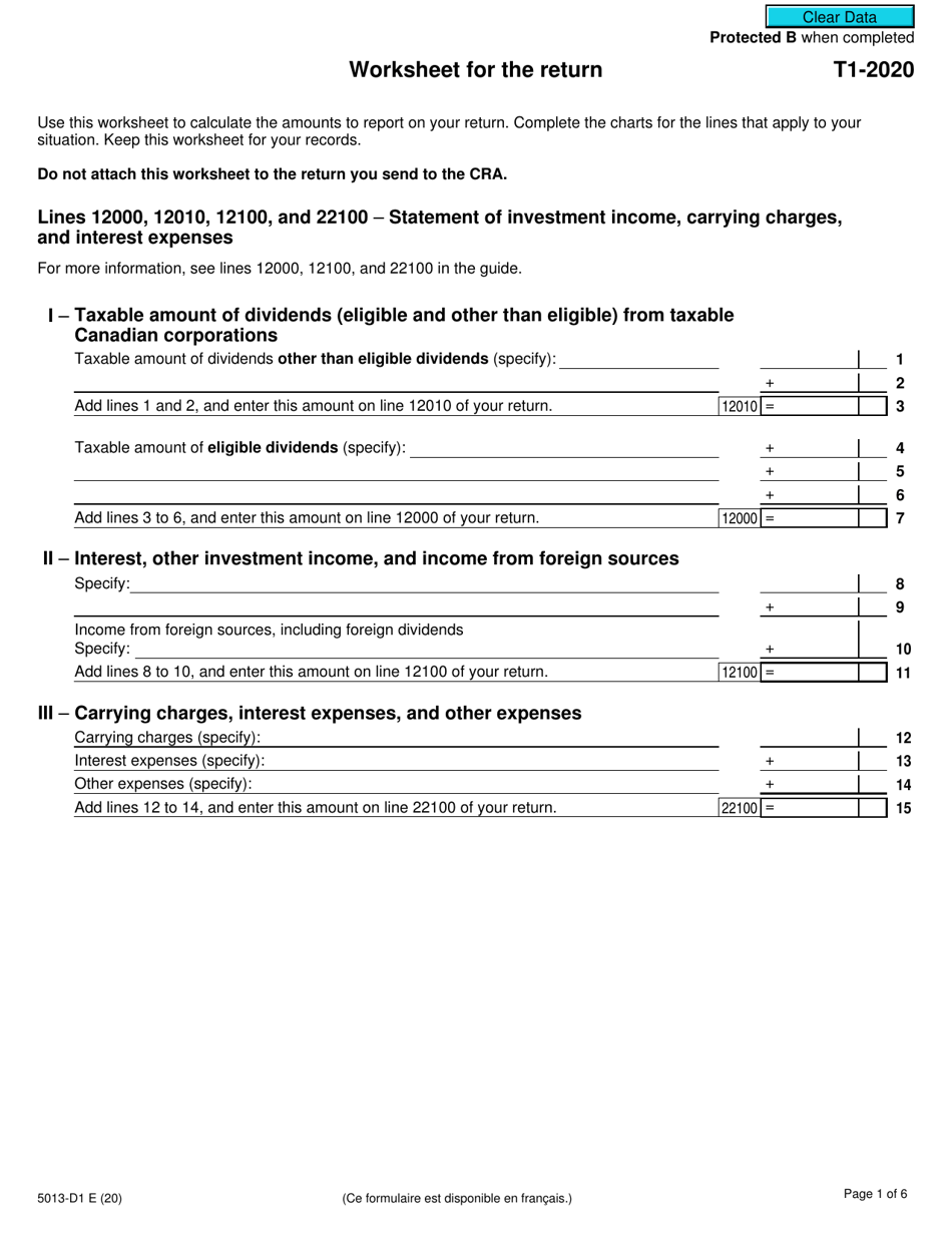 Form 5013-D1 Worksheet for the Return - Canada, Page 1