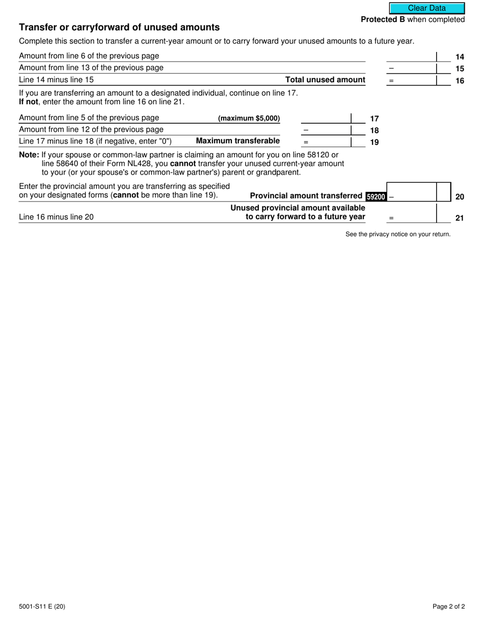 Form 5001-S11 Schedule NL(S11) Newfoundland and Labrador Tuition and Education Amounts - Canada, Page 2