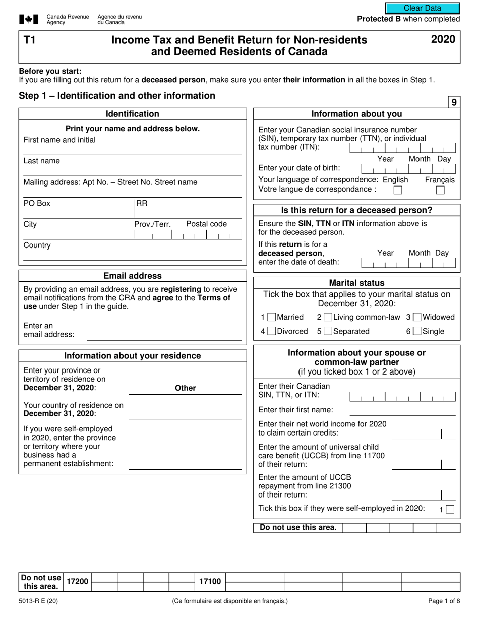 Form 5013-R Income Tax and Benefit Return for Non-residents and Deemed Residents of Canada - Canada, Page 1