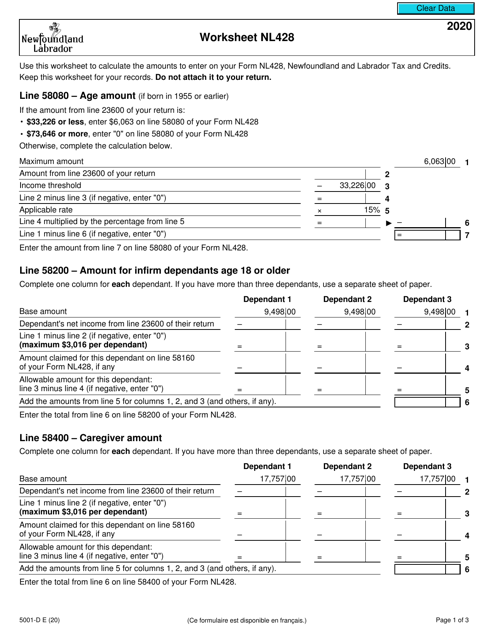 Form 5001-D Worksheet NL428 2020 Printable Pdf