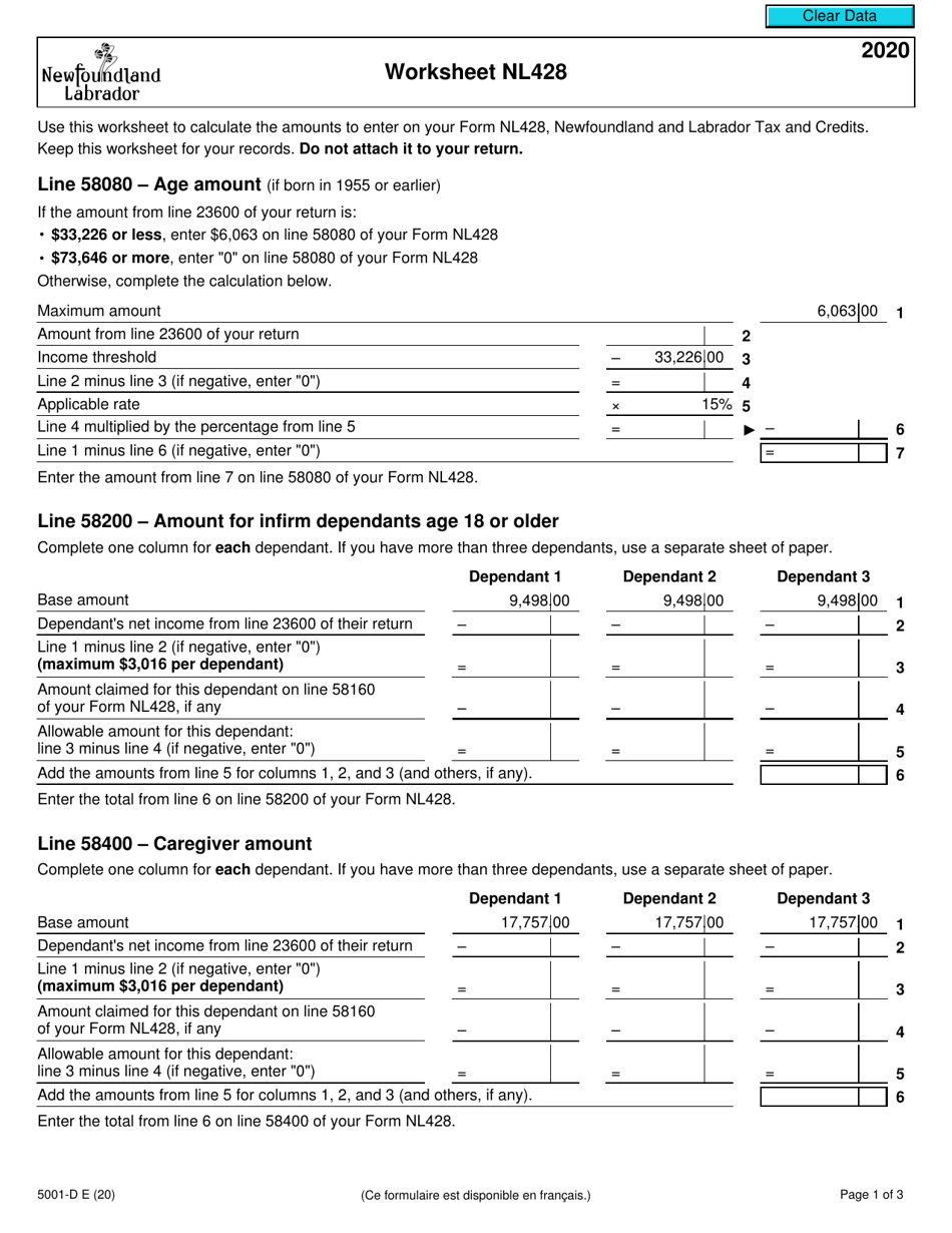 Form 5001-D Worksheet NL428 Download Fillable PDF or Fill Online ...