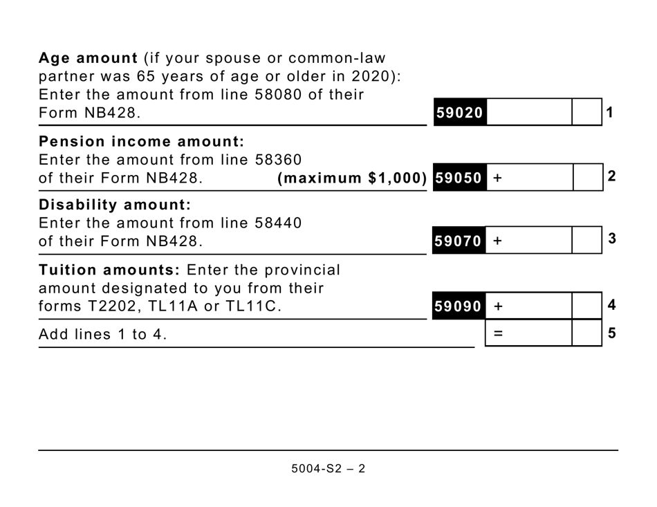 Form 5004-S2 Schedule NB(S2) Provincial Amounts Transferred From Your Spouse or Common-Law Partner - Large Print - Canada, Page 2