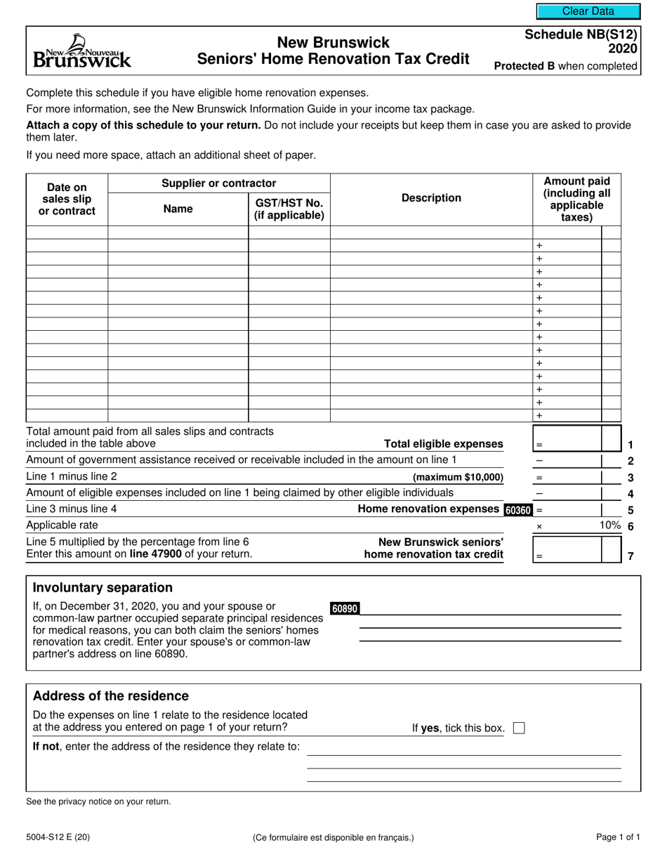 Form 5004-S12 Schedule NB(S12) New Brunswick Seniors Home Renovation Tax Credit - Canada, Page 1