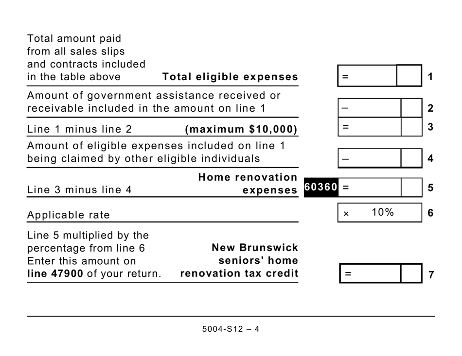 Form 5004-S12 Schedule NB(S12) New Brunswick Seniors Home Renovation Tax Credit - Large Print - Canada, Page 4
