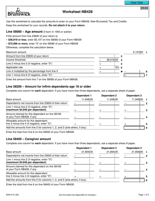 Form 5004-D Worksheet NB428 2020 Printable Pdf