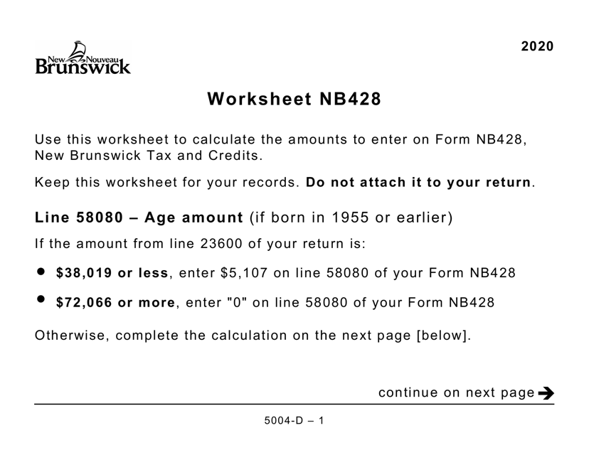 Form 5004-D Worksheet NB428 New Brunswick - Large Print - Canada, 2020