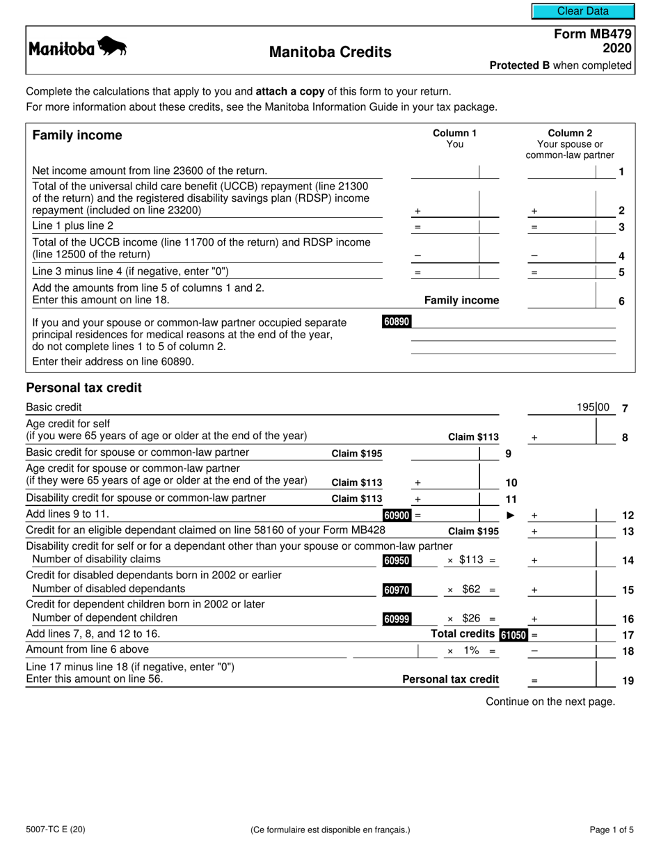 Form 5007-TC (MB479) Manitoba Credits - Canada, Page 1