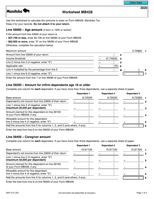 Form 5007-D Worksheet MB428 2020 Printable Pdf