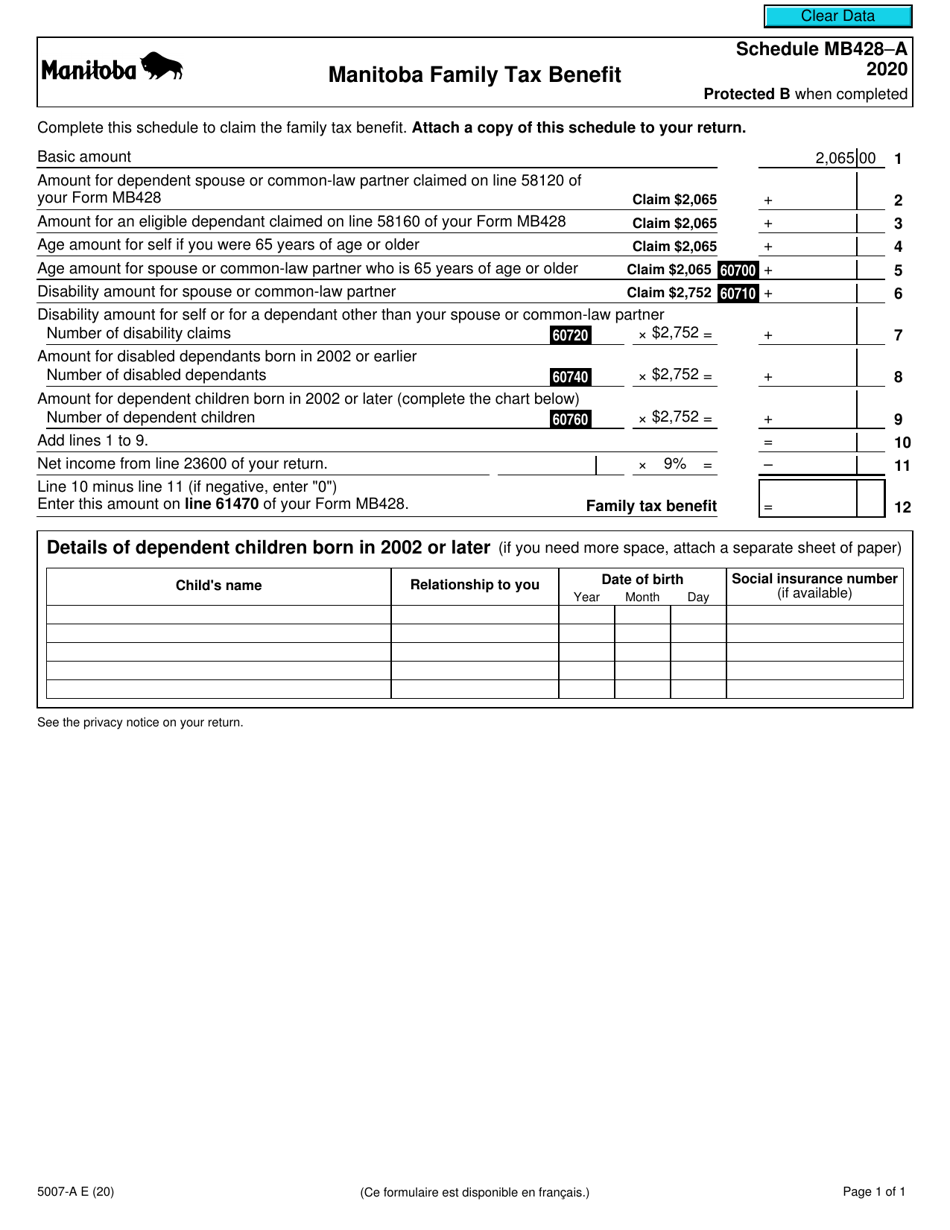 Form 5007-A Schedule MB428-A Manitoba Family Tax Benefit - Canada, Page 1