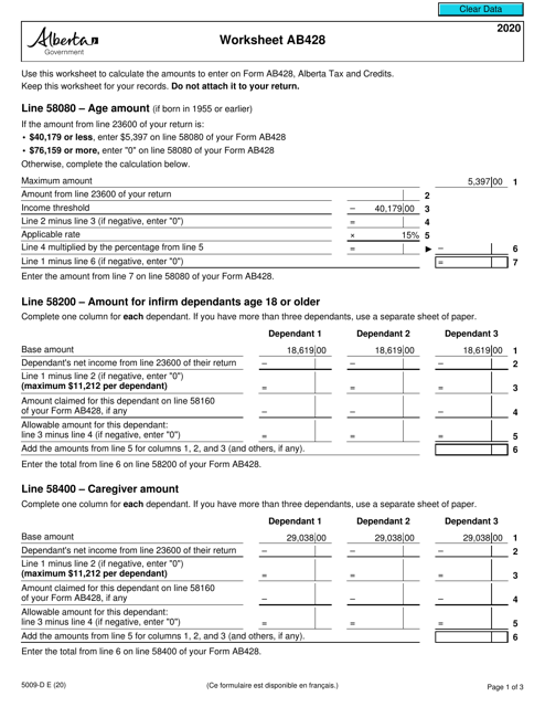 Form 5009-D Worksheet AB428 2020 Printable Pdf