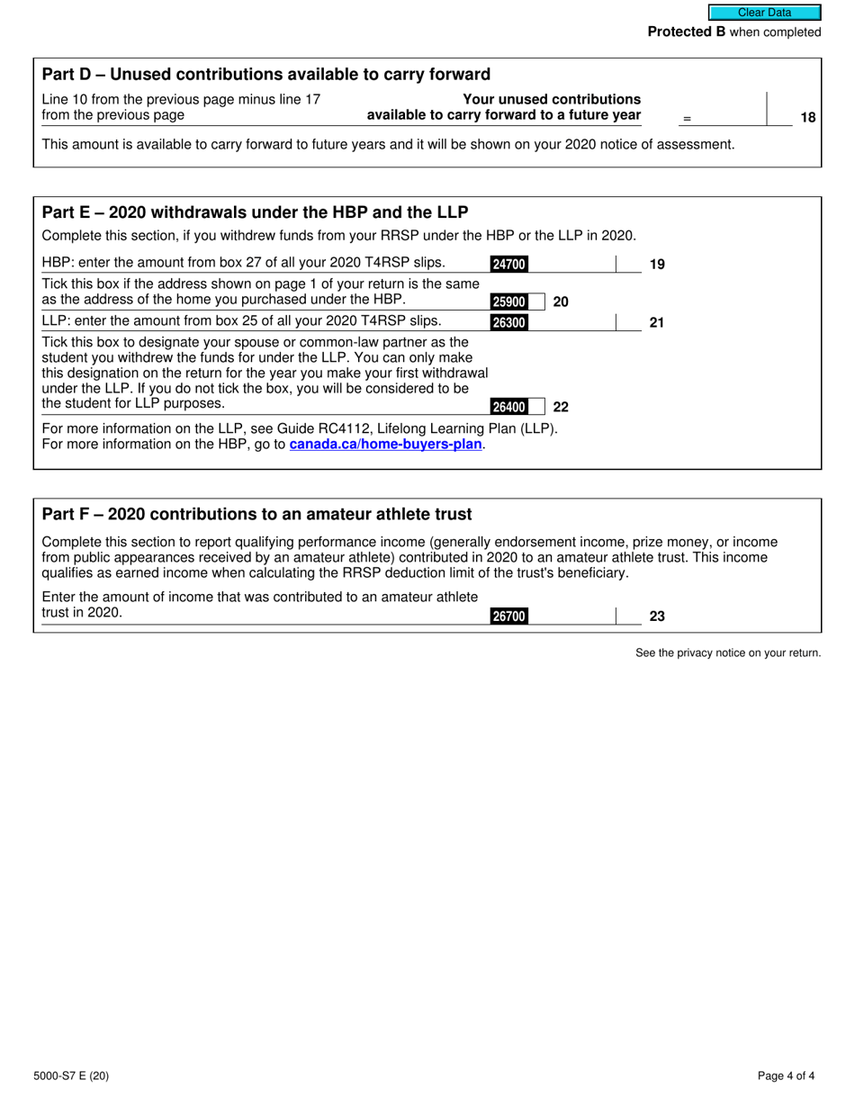 Form 5000-S7 Schedule 7 Rrsp, Prpp, and Spp Unused Contributions, Transfers, and Hbp or LLP Activities - Canada, Page 4