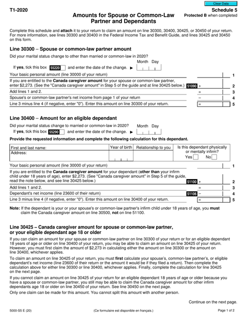 Form 5000-S5 Schedule 5 Amounts for Spouse or Common-Law Partner and Dependants - Canada, 2020