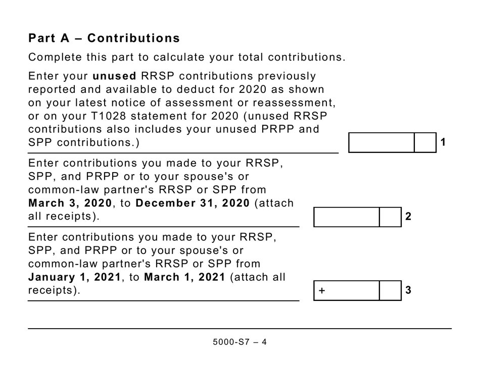 Form 5000-S7 Schedule 7 Rrsp, Prpp, and Spp Unused Contributions, Transfers, and Hbp or LLP Activities - Large Print - Canada, Page 4