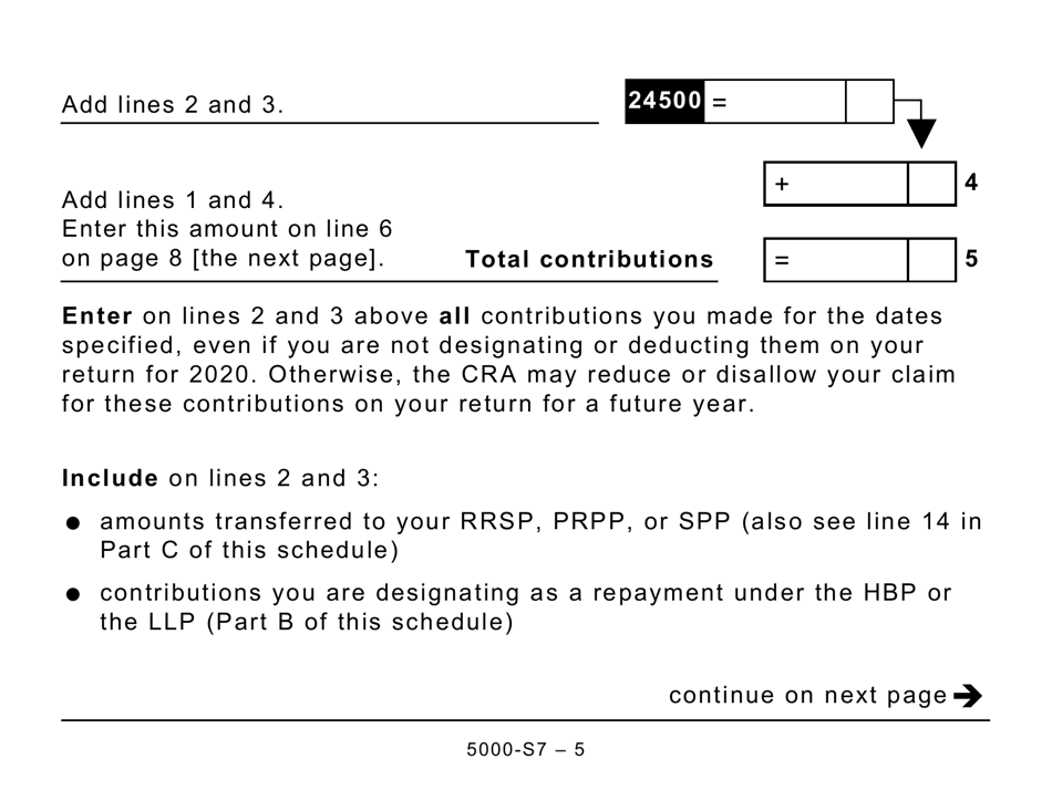 Form 5000-S7 Schedule 7 Rrsp, Prpp, and Spp Unused Contributions, Transfers, and Hbp or LLP Activities - Large Print - Canada, Page 5