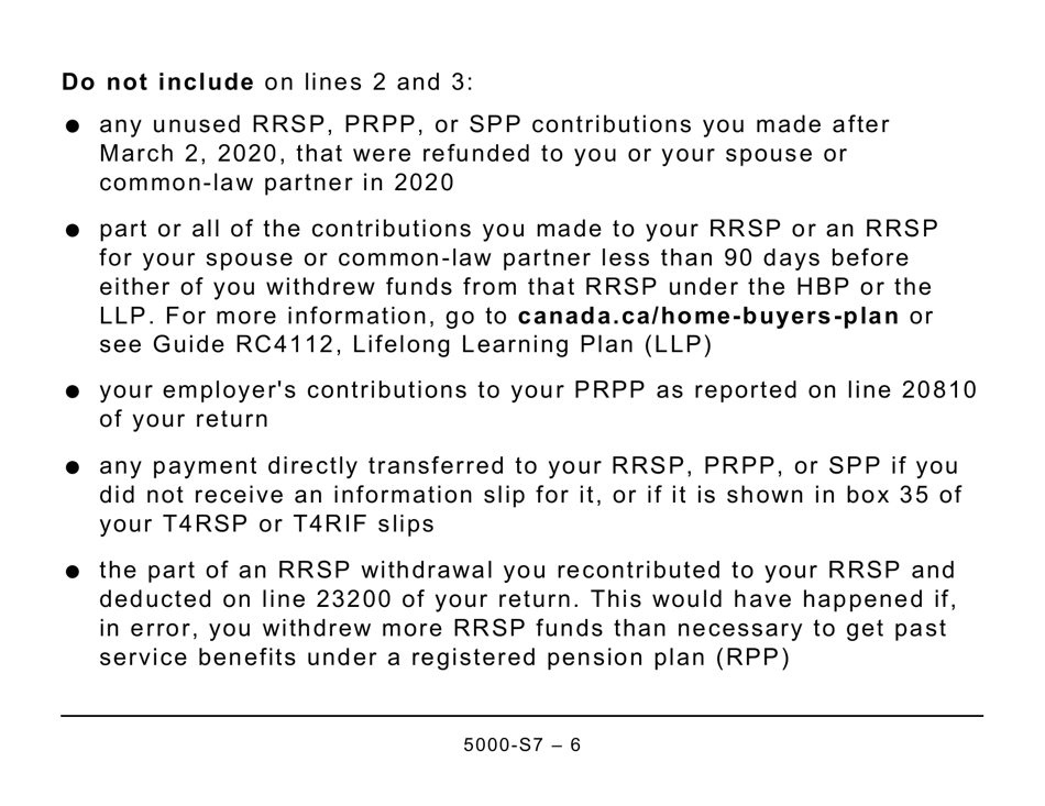 Form 5000-S7 Schedule 7 Rrsp, Prpp, and Spp Unused Contributions, Transfers, and Hbp or LLP Activities - Large Print - Canada, Page 6
